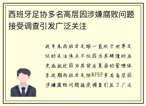 西班牙足协多名高层因涉嫌腐败问题接受调查引发广泛关注